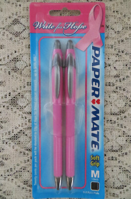 2  Paper Mate PINK Soft Grip Pens Write For Hope  Breast Cancer Awareness NEW