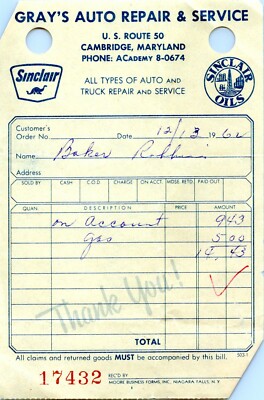Cambridge Maryland Vintage Billhead Receipt GRAYS SINCLAIR GAS STATION 1962