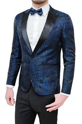 ABITO UOMO DIAMOND RASO BLU FLOREALE COMPLETO SMOKING VESTITO ELEGANTE CERIMONIA