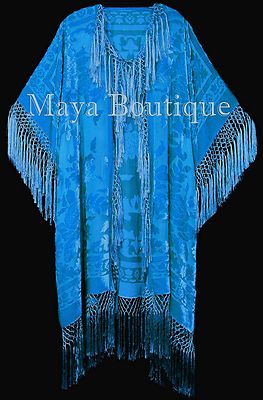 Pre-owned Maya Matazaro Aqua Kimono Fringe Jacket Opera Coat Silk Burnout Velvet  Usa Made In Blue