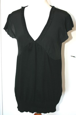 OASIS UK16 EU44 BLACK KNITTED TOP WITH SILK CAP SLEEVES AND BUSTLINE - NEW
