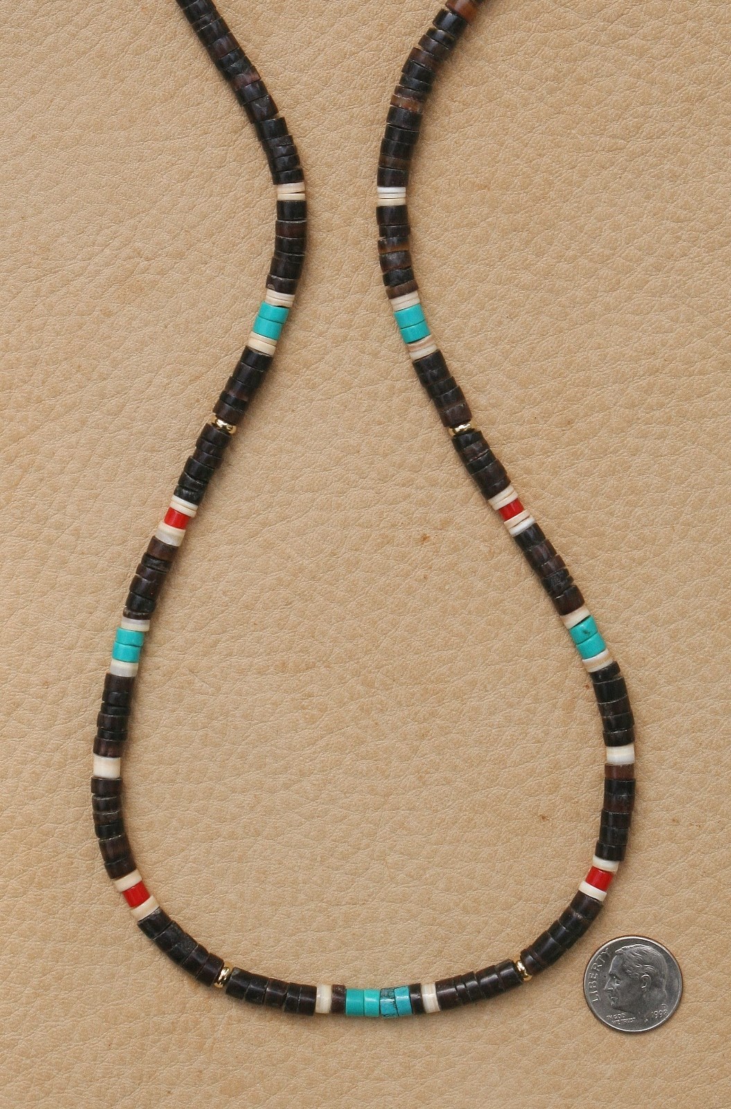 TURQUOISE BEADED HEISHE NECKLACE 4mm. GENUINE GEMSTONE RED CORAL GOLD FINDINGS