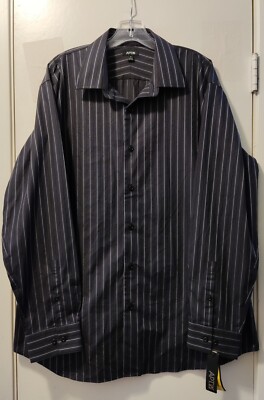 Apt.9 Men's Navy Blue Striped Modern Fit Dress Shirt Size XL