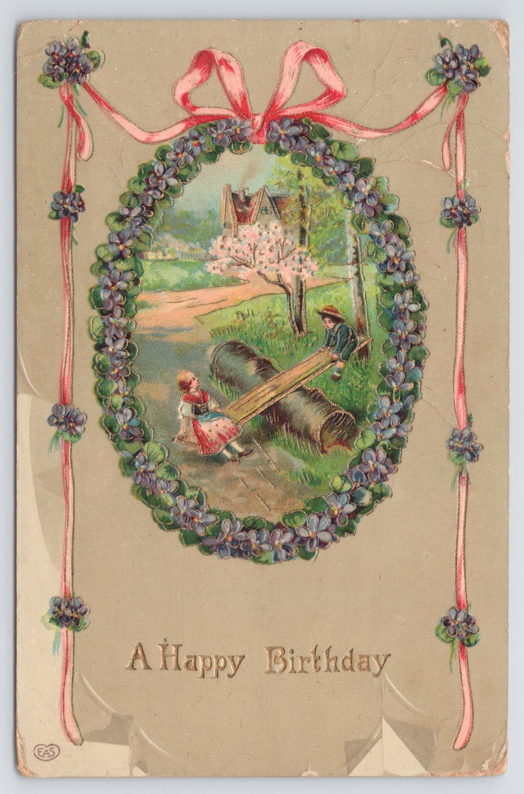 EAS Birthday~Boy & Girl On Teeter Totter~Forget-Me-Not Oval~Gold~Emboss~1911 PC