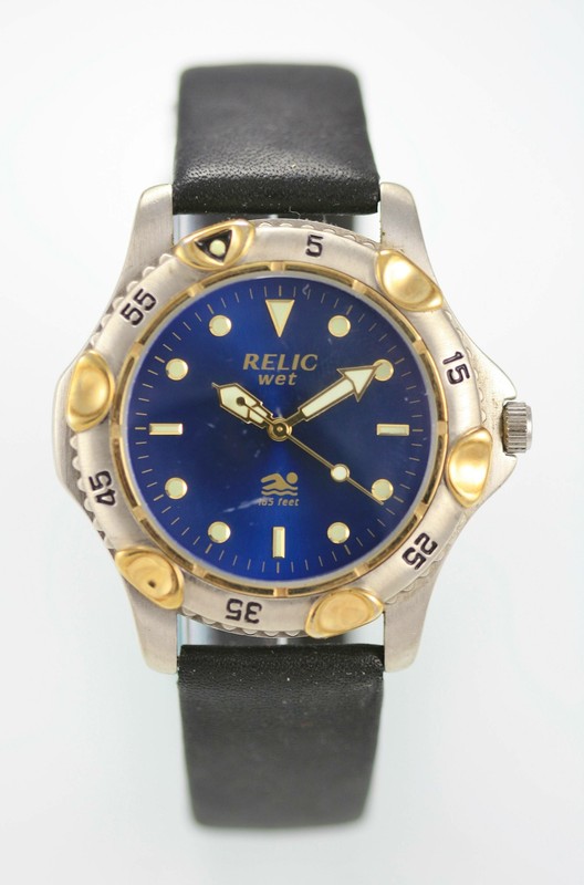 Relic Wet Watch Mens Silver Gold Stainless Leather Black Battery 50m Blue Quartz eBay