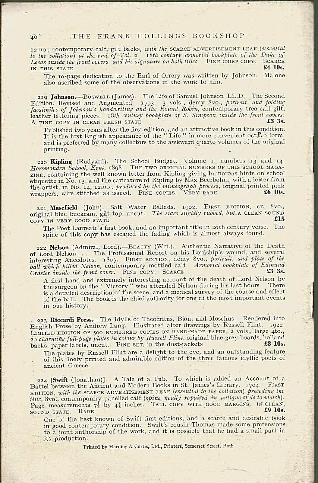 Frank Hollings, London Catalogue #210 - Collector's Books (1938)
