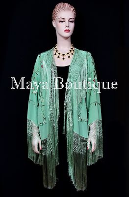 Pre-owned Maya Matazaro Embroidered Silk Fringe Jacket Kimono Tiffany Green Hand Dyed  Usa