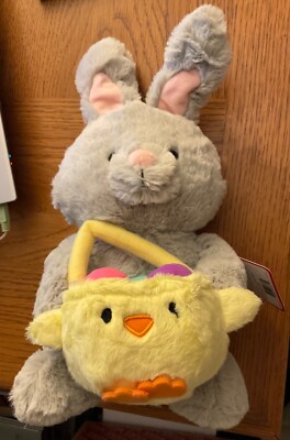 NWT GUND Gray Easter Bunny with Baby Chick Basket w/ Easter Eggs Plush 13'' Cute!