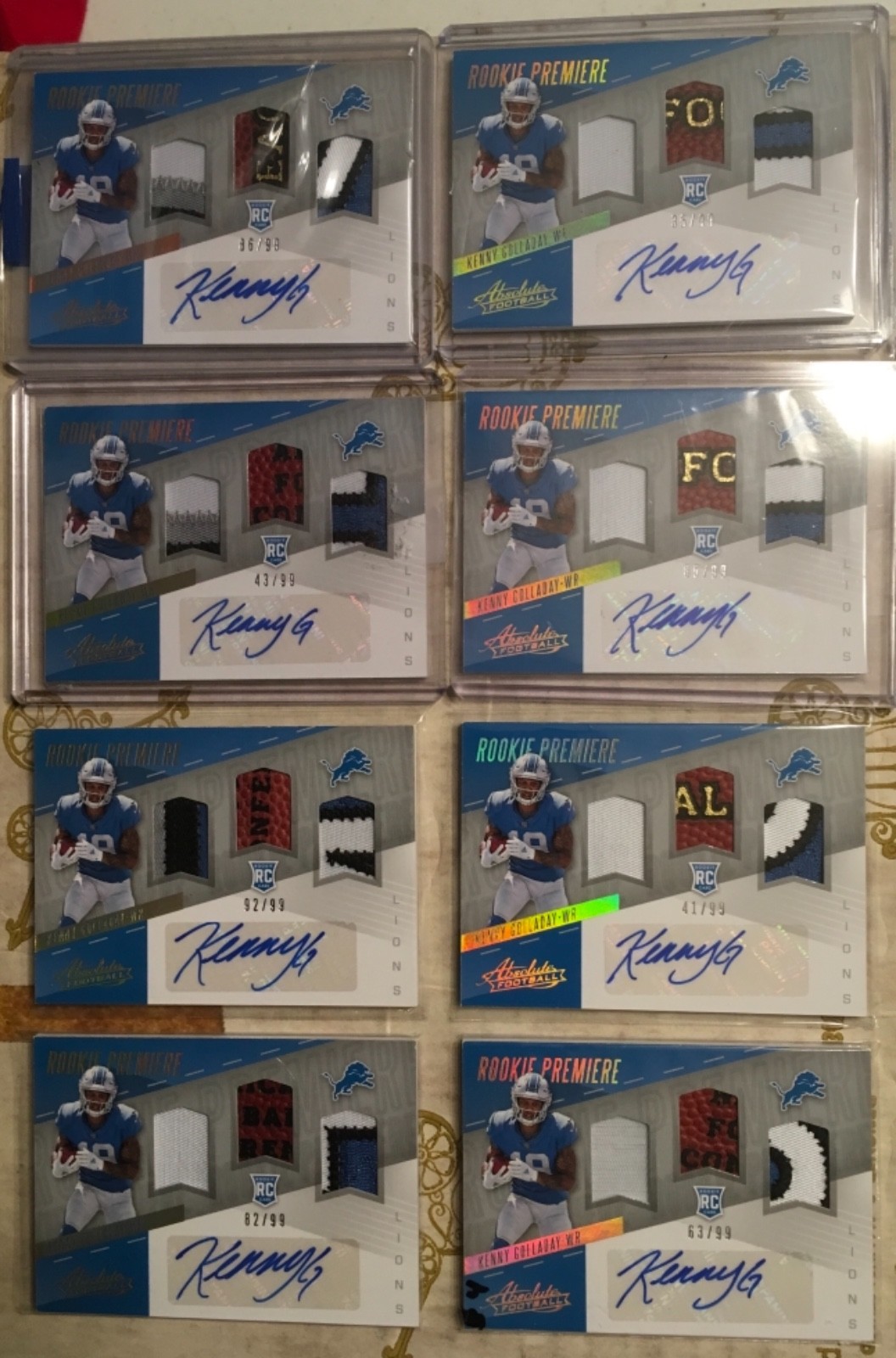 2017 KENNY GOLLADAY ABSOLUTE RC TRIPLE RELIC LOT OF 20 CARDS ALL # UNDER 99