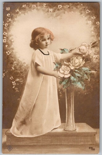 Antique RPPC Postcard Young Girl White Gown Roses MT. Kisco NY 1910s
