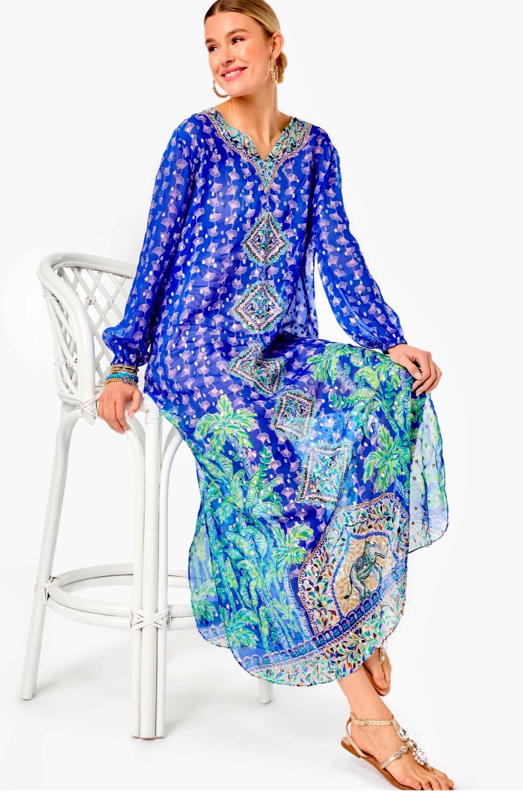 Pre-owned Lilly Pulitzer Jupiter Silk Maxi Caftan Blue Fan Favorite $548 S/m, L/xl In Multicolor