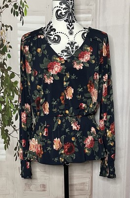 Oasis Navy Floral  Ruffle Long Sleeve Top Size Small