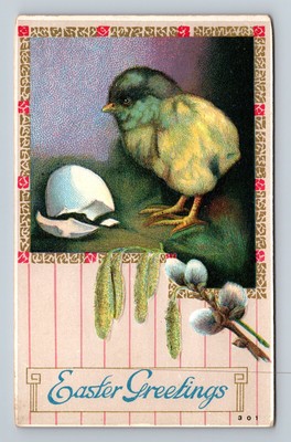 Cracked Egg Baby Chick Easter Greetings Pussy Willow Gold Art Deco Postcard