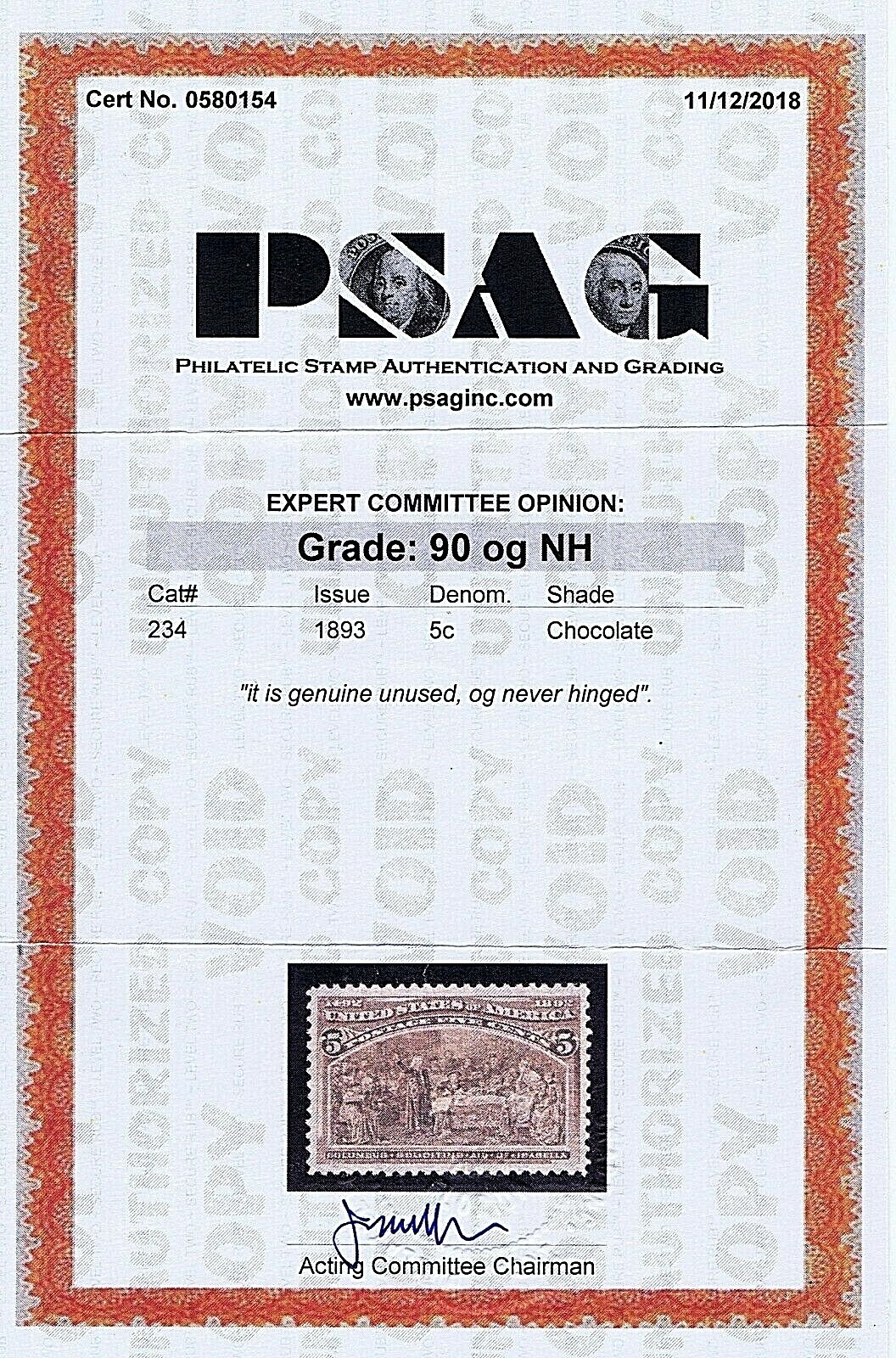 SC# 234 UNUSED ORIGINAL GUM MNH 5c COLUMBUS, 1893, 2018 PSAG CERT GRADED XF 90