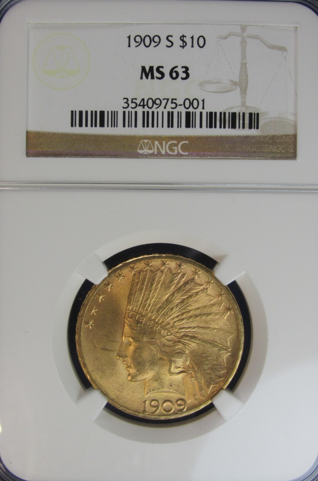 1909-S $10 Gold Indian US Coin NGC MS63 Rare Date High Grade [001] *G