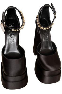 NEW VERSACE MEDUSA AEVITAS PLATFORM BLACK SILK SHOES SZ EU 37.5/US 7.5 CRYSTAL