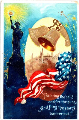 Postcard Ellen Clapsaddle, Patriotic, Flag, Statue of Librty, Bells, Trimmed