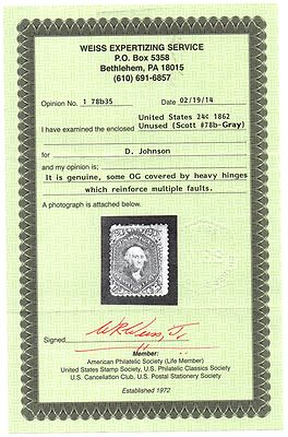 1861-66 Scott #78b, OG, Weiss cert!