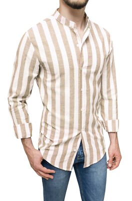 Camicia di lino uomo Sartoriale beige a righe casual elegante 100% made in Italy