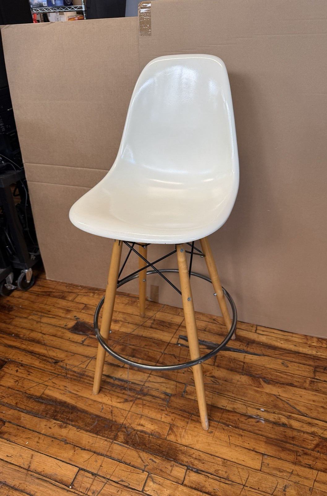 Vintage Modernica Herman Miller Eames White Fiberglass Chair Swivel Barstool
