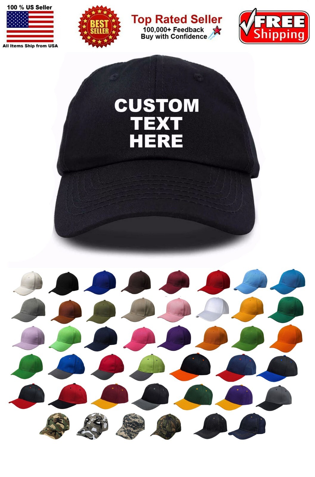 Personalized Text Embroidered Unisex Baseball Cap, Adjustable Hat, Custom Text