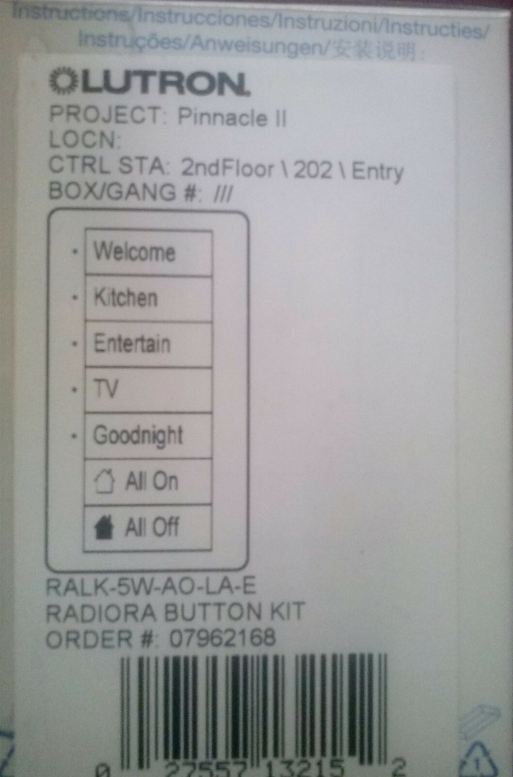 LUTRON RALK-5W-AO-LA-E RadioRA 5 Button Kit Control Switch Almond Radio RA