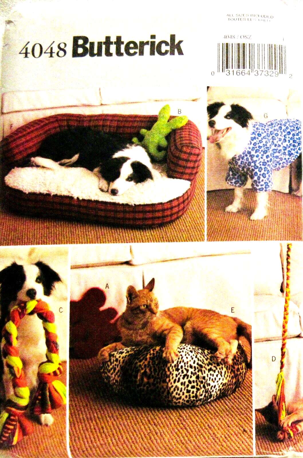 BUTTERICK PATTERN 4048 PET ACCESSORIES PUPPY CAT BED MOUSE BUNNY TOY DOG COATS