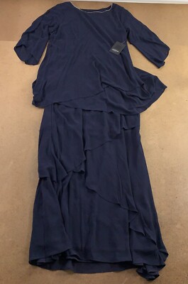 Marina Women's Size 14 Navy Rhinestone Neck Split Sleeve Chiffon Tiered Gown NWT