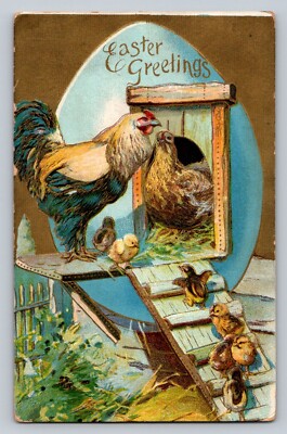 c1910 Fantasy Chicks Chicken Ladder Huge Egg Easter P726