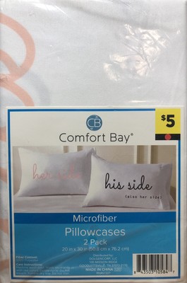 2 Pack Microfiber Pillowcases by Comfort Bay, features ''His side Her side'' NIP