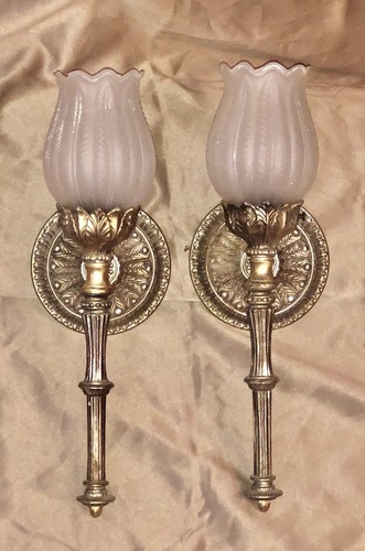 LARGE VINTAGE 16” MATCH PAIR SOLID BRASS L&L WMC TORCHIERE WALL SCONCE & SHADE