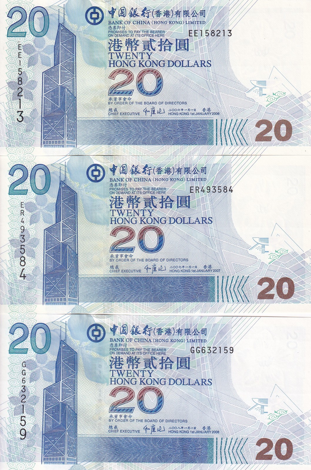 Hong kong Set 3 UNC 20 Dollars 2006 2007 2008 P 335 BOC Bank of China