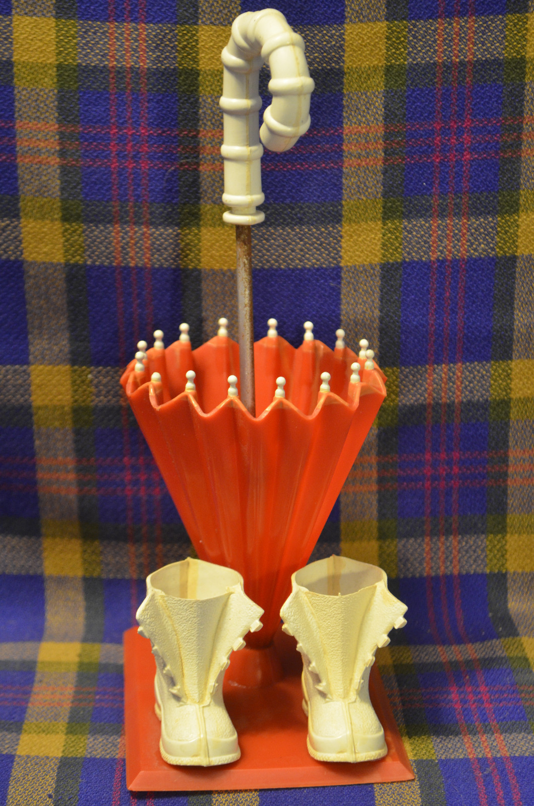 Vintage Hard Red Plastic White Rain Boots/Umbrella Swizzle Stick/Pencil Holder
