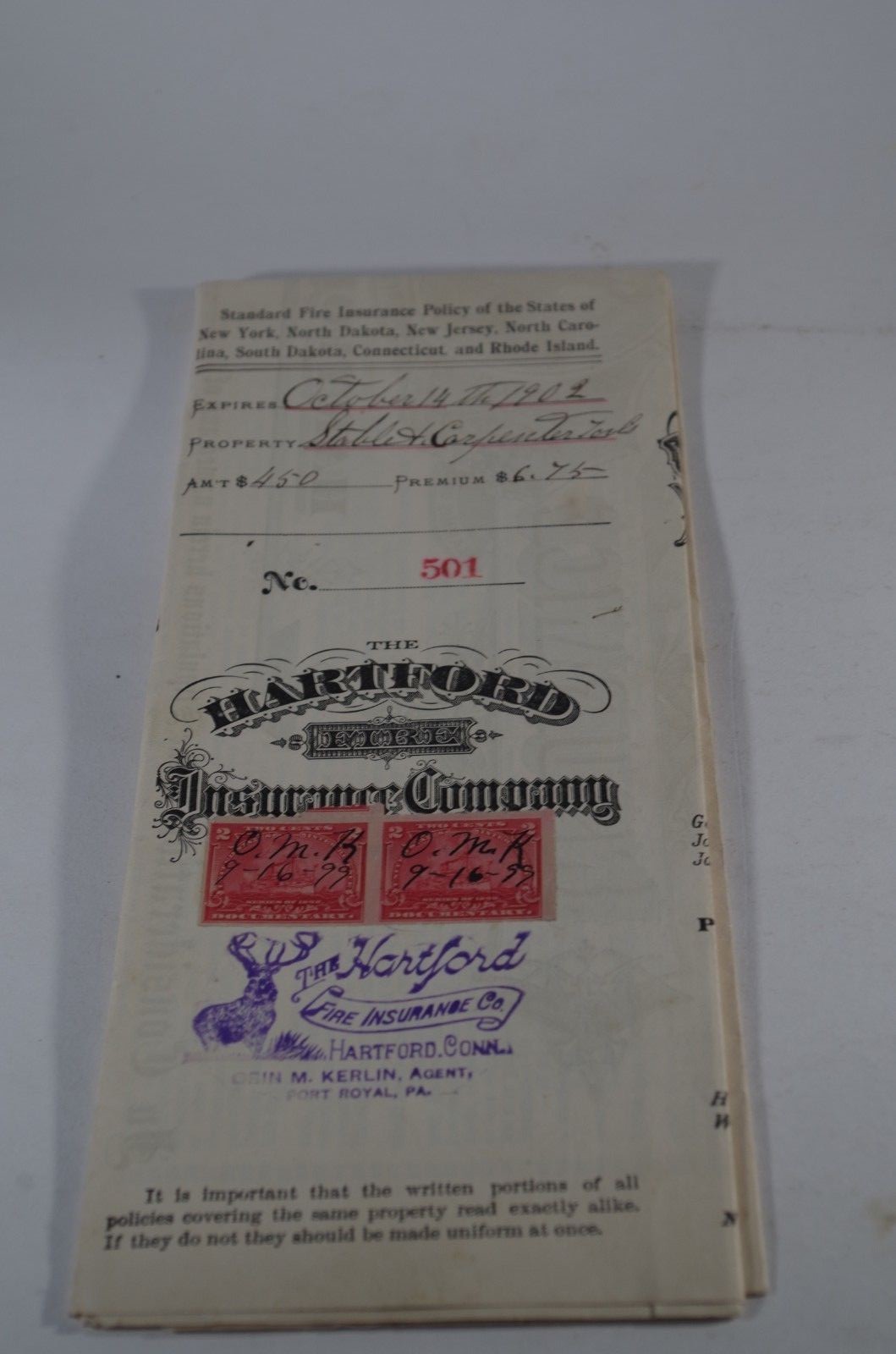 1899 Hartford Fire Insurance Co Agent Kerlin Port Royal PA For Stable