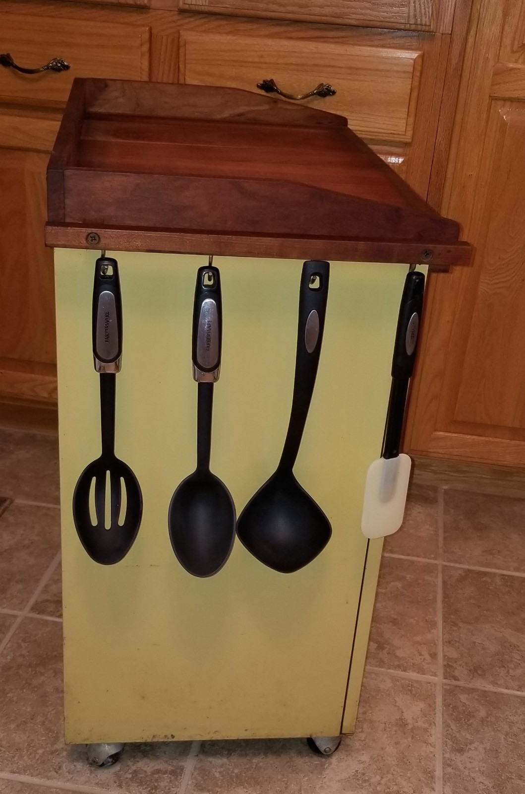 Vintage Mid Century Metal Kitchen Storage Cabinet, Walnut Cutting board top.NICE