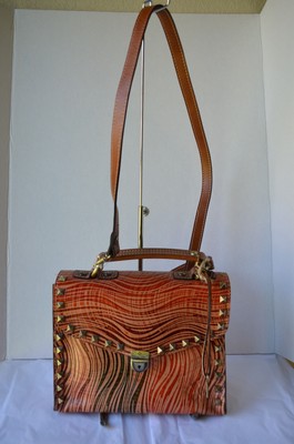 $249NWT Patricia Nash Crossbody Satchel Simona Wavy Stripe Leather orange green