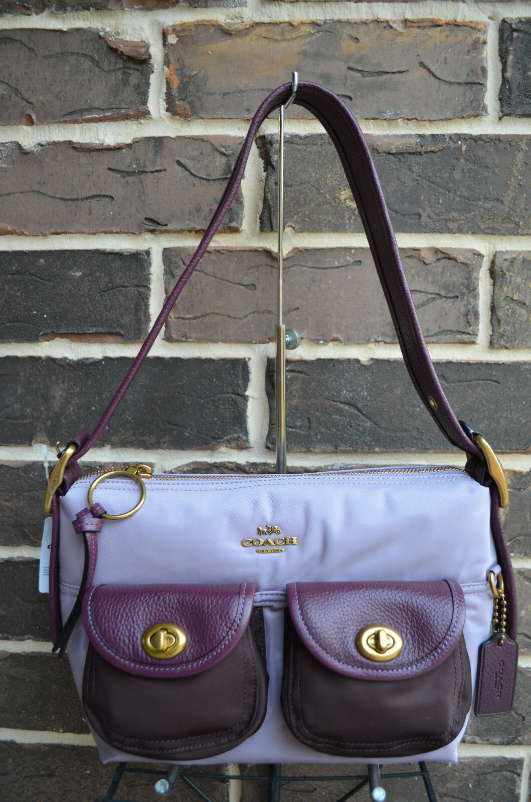 【DISCERNMENT】Nylon Pocket Coach Double Bag Coach Tan Nylon Double Pocket Drawstring Women's Backpack