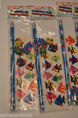 Goody Lot Of 7 Fish Tropical Sets Party Treats Pencil Sticker Eraser Prize