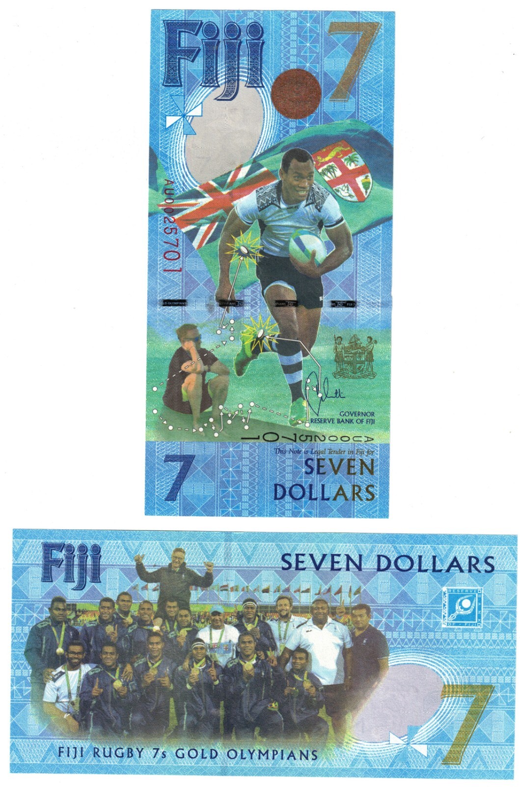 2017 Fiji 7 Dollars Banknote Polymer UNC P120 Gold Olympians Rugby