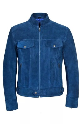 Men's Real Suede Leather Blue Jacket Fashion Biker Cafe Racer Motorcycle Jacket