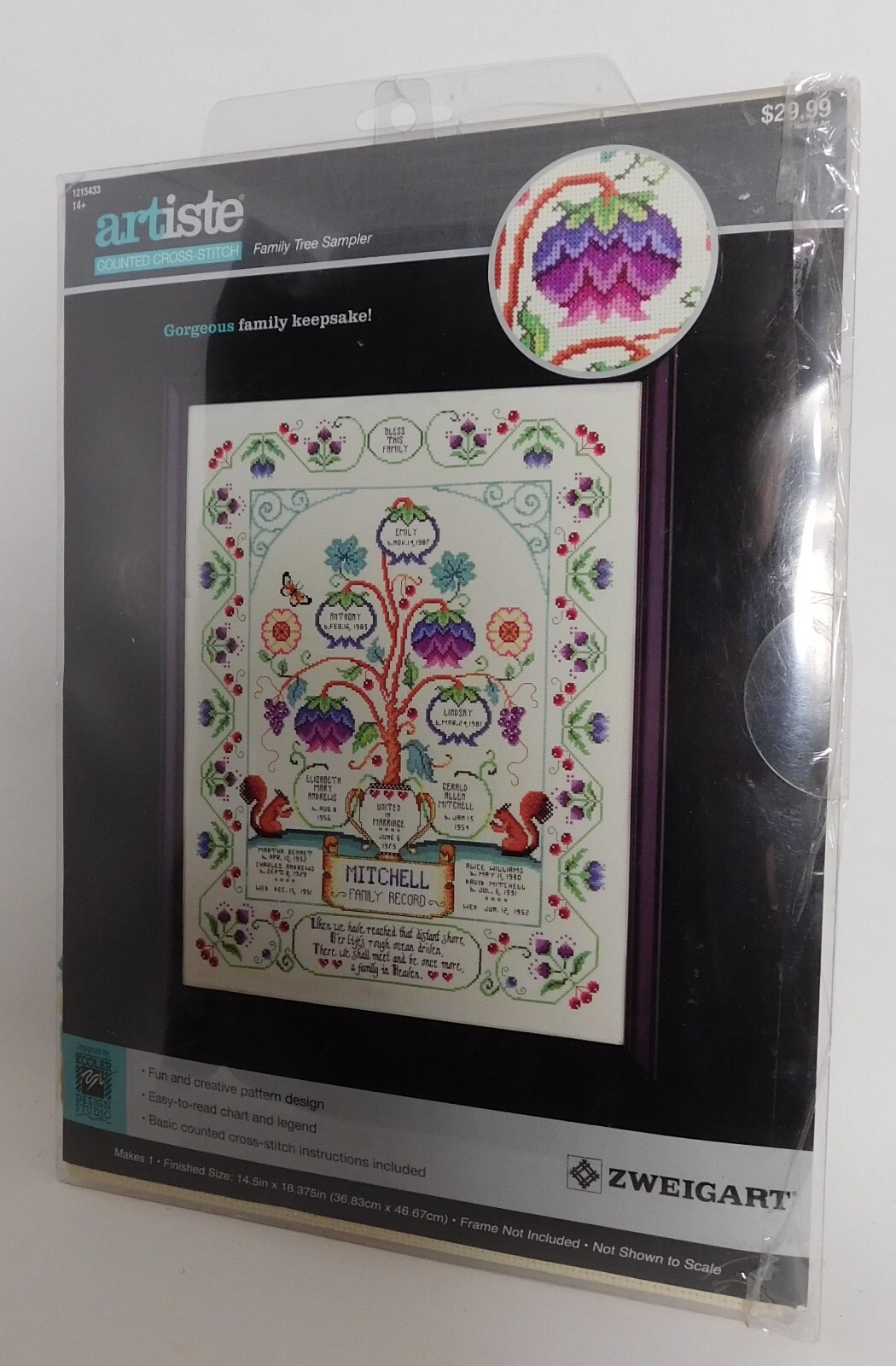 Kit 1215433 14.5” Artiste Zweigart Family Tree Sampler Cross Stitch