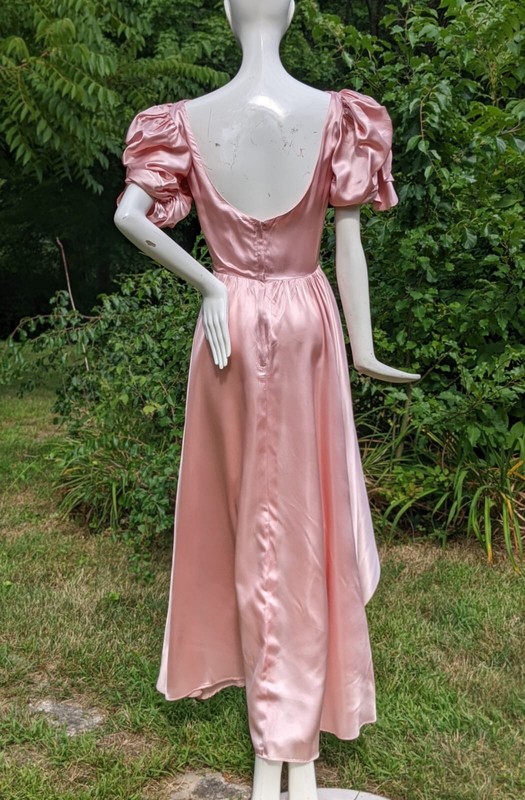 VINTAGE 1970'S PINK SATIN LONG DRESS W RUFFLED PUFF SLEEVES + SLIT FRONT |  eBay