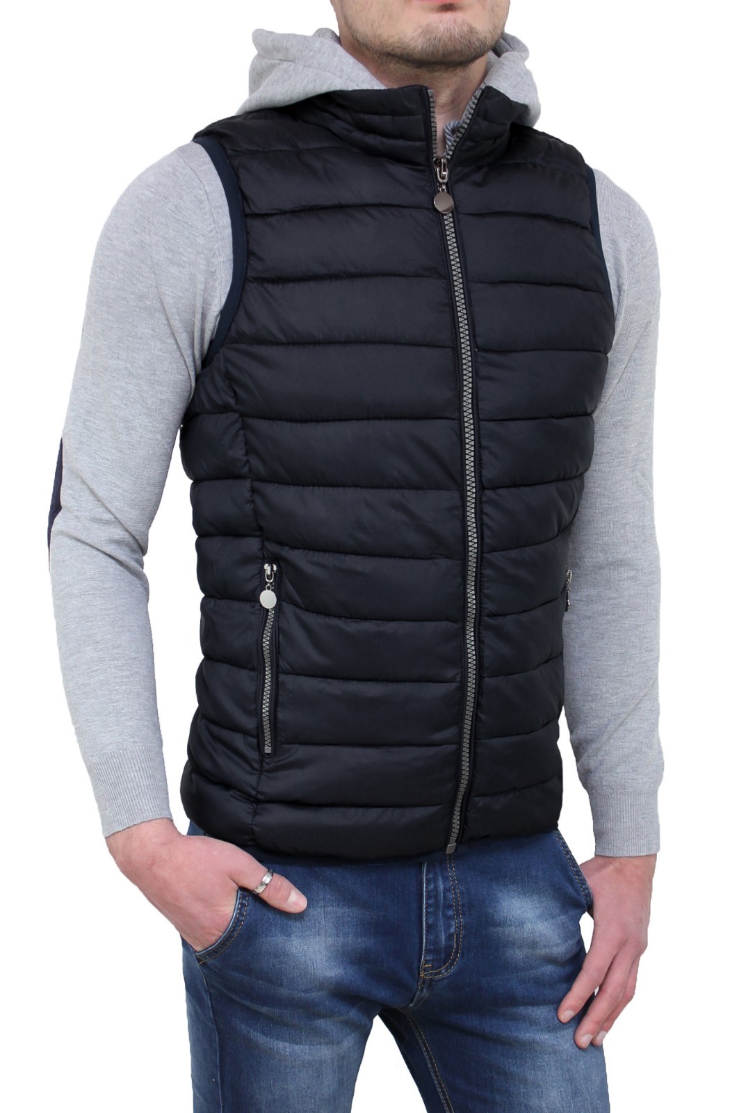 Giubbotto piumino uomo casual nero smanicato gilet slim fit con cappuccio
