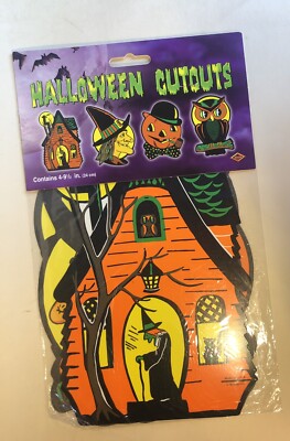Vintage NOS Halloween Beistle 4 Ct Cutouts 9'' Pumpkin Witch Owl House