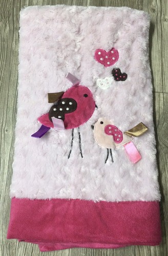 Lolly Pop Birds Hearts Tags Rosettes Hot Pink Trim Baby Blanket Love Soft GUC N4