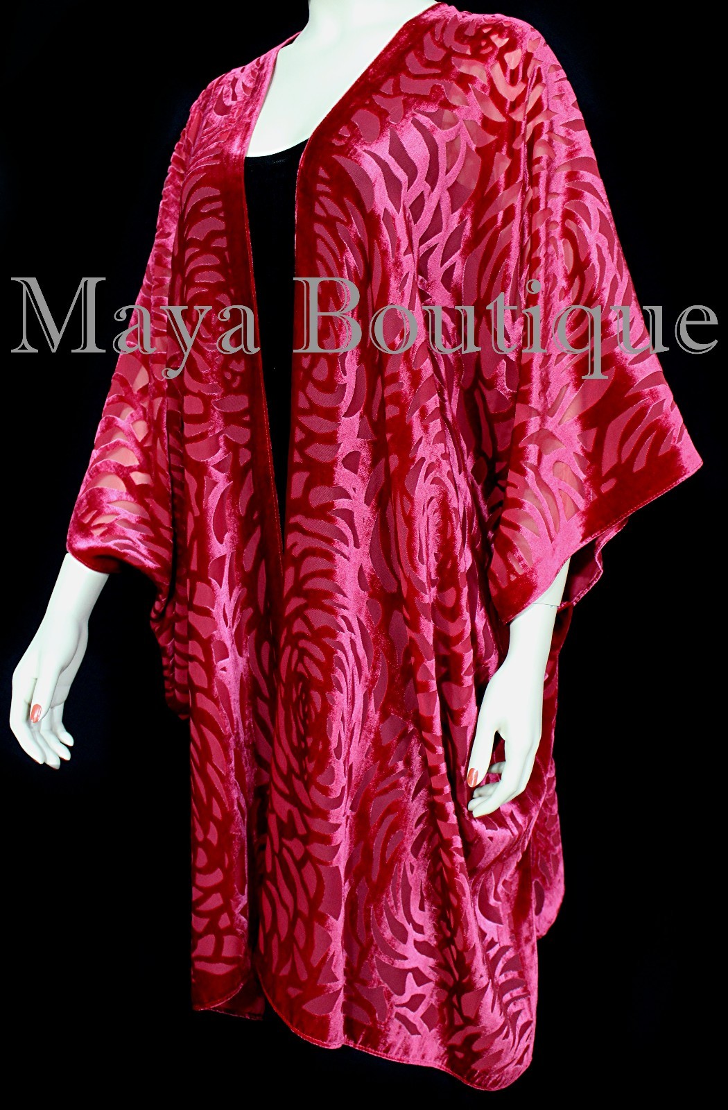 Pre-owned Maya Matazaro True Red Camellia Burnout Velvet Caftan Kimono Jacket Usa Made