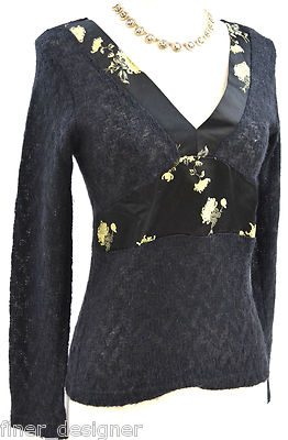 Saffron Road Australia Gold Black Fuzzy Sweater silky trim top Shabby M VTG NEW