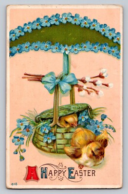 c1910 Fantasy Chicks Basket Forget Me Nots Easter P726