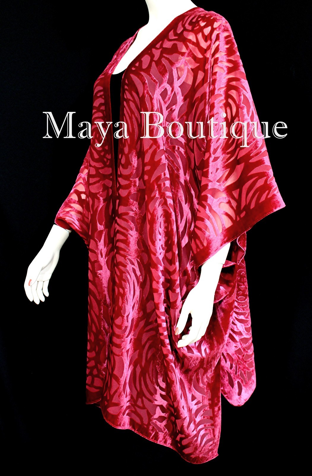 Pre-owned Maya Matazaro True Red Camellia Burnout Velvet Caftan Kimono Jacket Usa Made