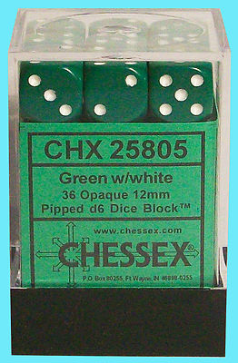 CHESSEX OPAQUE GREEN with WHITE 36 die set NEW d6 12mm dice block CHX25805 rpg